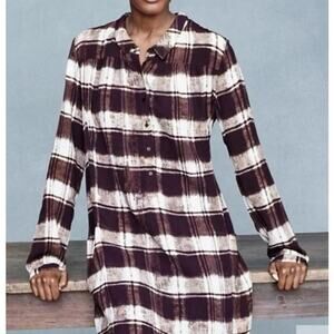 Garnet Hill Tunic Top Women 6 Purple Plaid Crepe Popover Blouse Casual Comfort